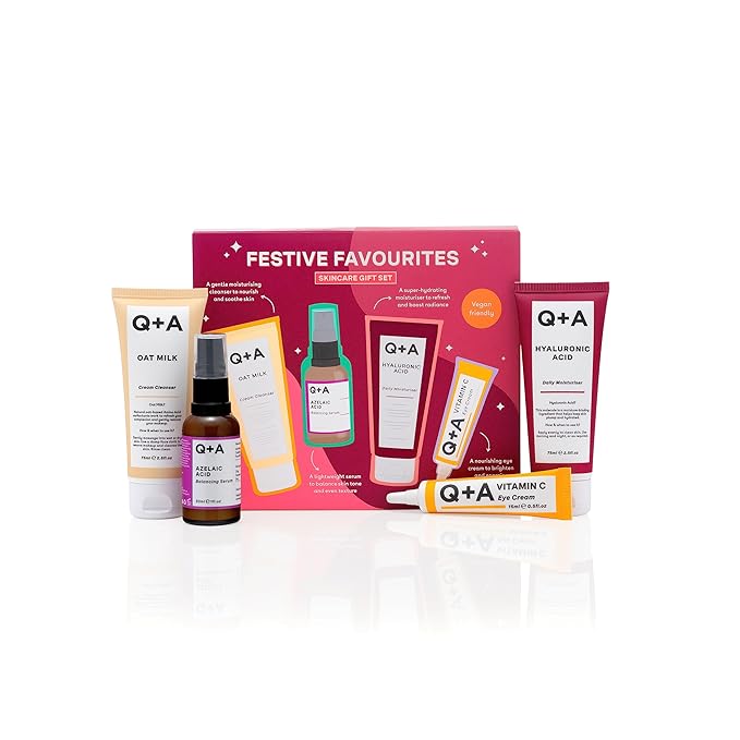 Q+A Festive Favourites Gift Set, containing a Hyaluronic Acid Moisturiser (75ml), an Oat Milk Cream Cleanser (75ml), an Azelaic Acid Serum (30ml), and a Caffeine Eye Serum (15ml)-Velvo Beauty