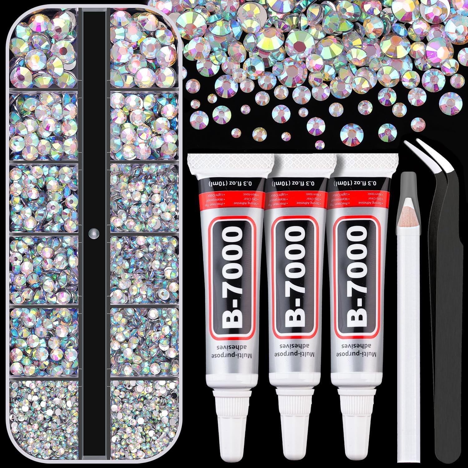 Resin Rhinestones for Crafting with B7000 Jewelry Glue, 1 Box AB Flatback Crystals with 3Pcs 10ml Glue for Bedazzling Crafts DIY Nail Art Makeup，Non Hotfix Gems for Clothing Shoes-Velvo Beauty