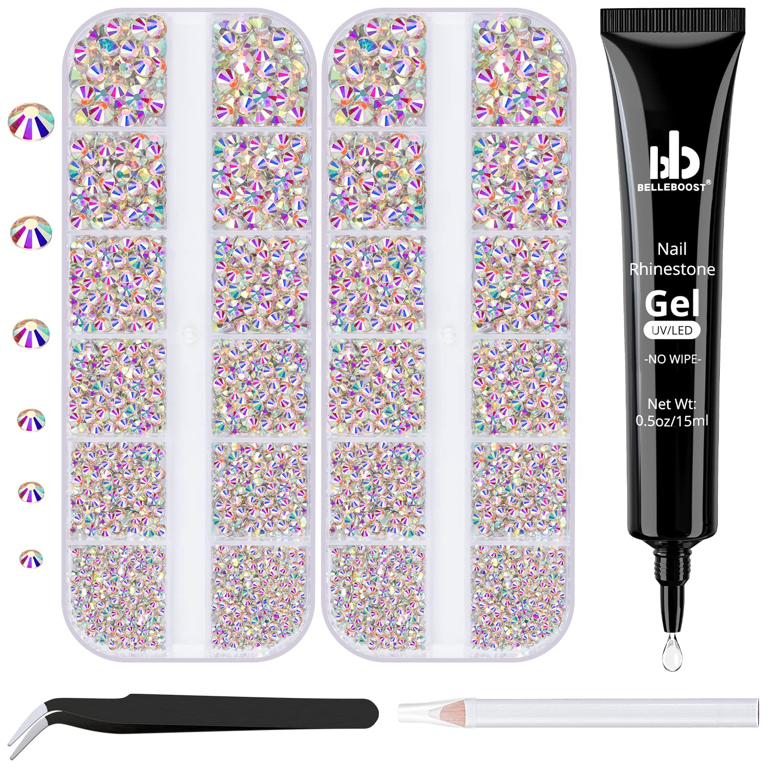 Nail Art Rhinestone Glue Gel&2 Boxes Flatback Gems Kit, 1 Tube of 15ml Rhinestone Gel Glue(UV/LED Needed)+Crystal AB Gems with Pickup Tools-Velvo Beauty