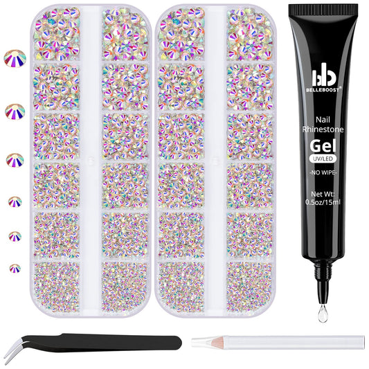 Nail Art Rhinestone Glue Gel&2 Boxes Flatback Gems Kit, 1 Tube of 15ml Rhinestone Gel Glue(UV/LED Needed)+Crystal AB Gems with Pickup Tools-Velvo Beauty