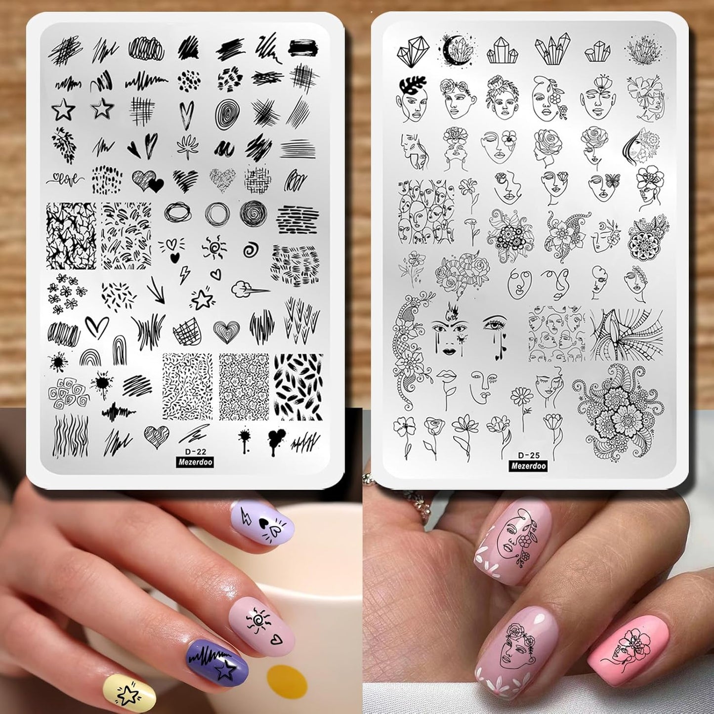 Abstract Lady Face Pattern Nail Stamping Plates Set 2pcs Flower Leaf Graffiti Fun Nail Stamper Plate Figure Rose Star Heart Nail Stamp Plates Geometry Graffiti Striped Nails Art Template Plates Mold-Velvo Beauty