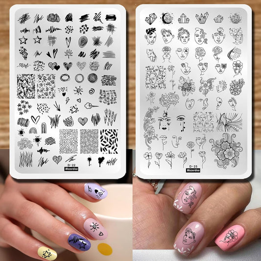 Abstract Lady Face Pattern Nail Stamping Plates Set 2pcs Flower Leaf Graffiti Fun Nail Stamper Plate Figure Rose Star Heart Nail Stamp Plates Geometry Graffiti Striped Nails Art Template Plates Mold-Velvo Beauty