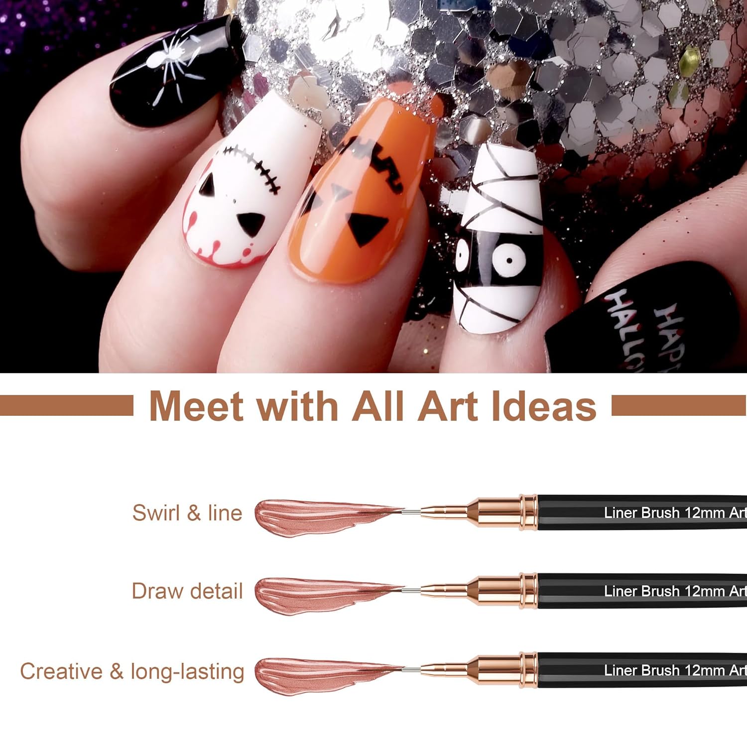 Artdone Metallic Nail Art Pens, Liner Brushes Set, 5PCS Black Color Nail Tools For Long Lines, Thin Details, Fine Drawing, Liner Brush UV Gel Polish Painting Nail Design Sizes 5/8/12/20/25mm-Velvo Beauty