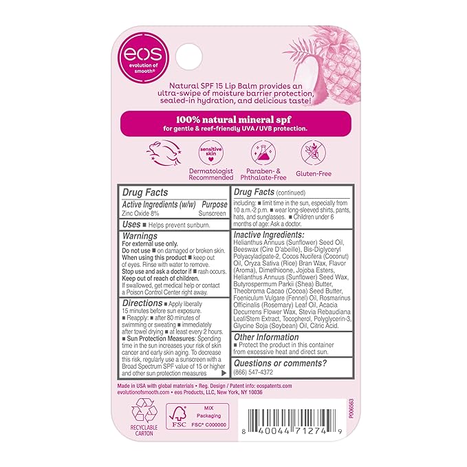 eos Natural SPF 15 Lip Balm- Pineapple Coconut, Daily Protection, Water Resistant, 0.14 oz-Velvo Beauty