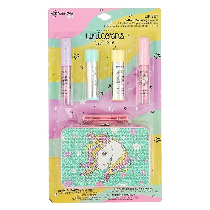 Expressions 5pc Cosmetics Lip Kit For Kids w/Lip Glosses, Lip Balms & Tin Box Storage Case I Believe in Unicorns Rhinestone,Washable + Non Toxic-Velvo Beauty