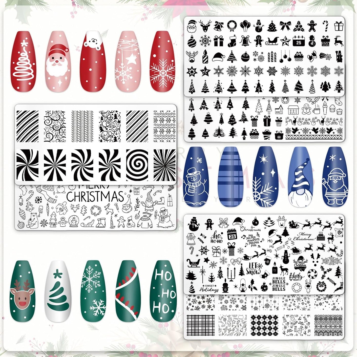 Whaline 6Pcs Christmas Nail Plates Stamping Set Xmas Tree Snowflake Snowman Stamp Templates Nail Art Plates for Winter DIY Print Manicure Salon Design Gift-Velvo Beauty