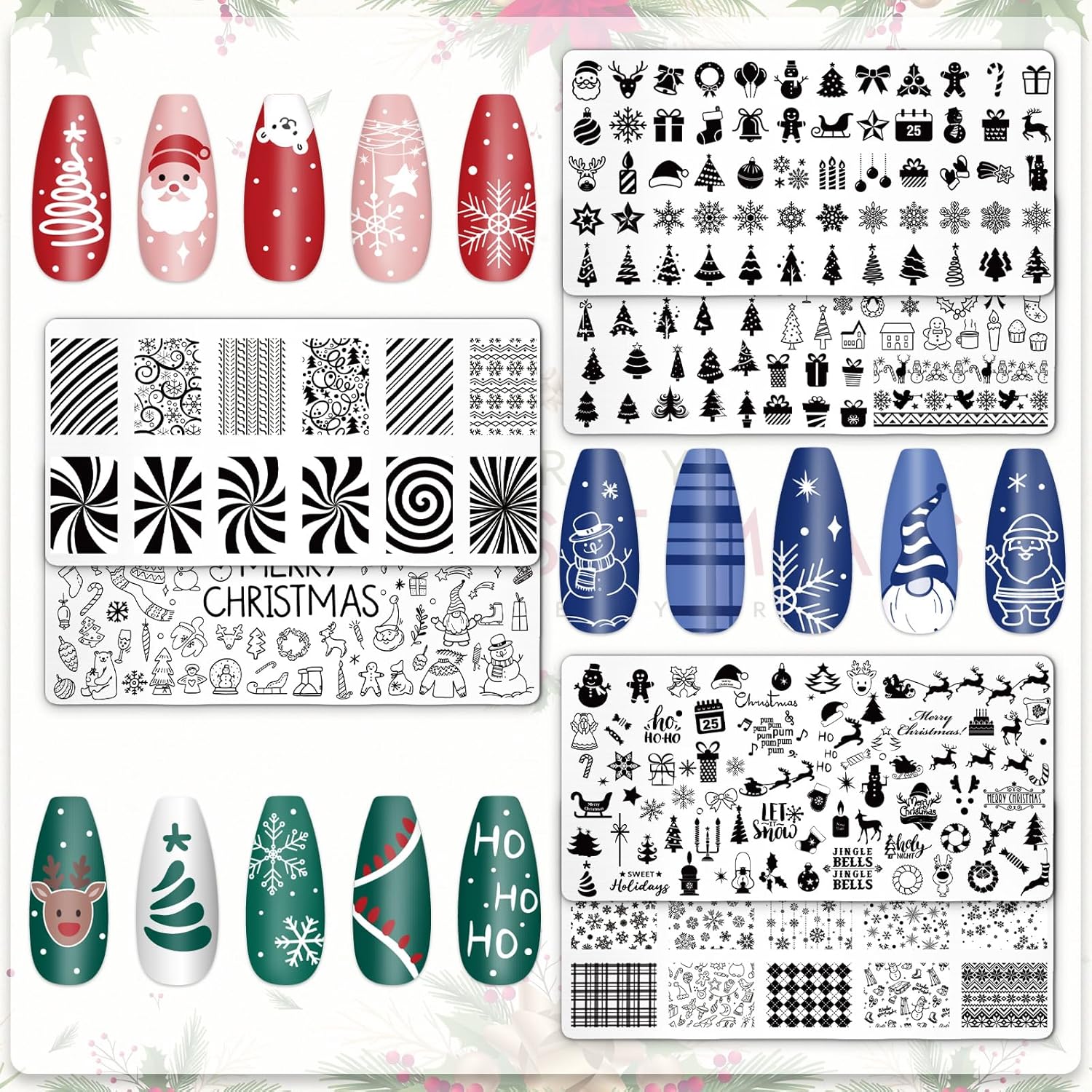 Whaline 6Pcs Christmas Nail Plates Stamping Set Xmas Tree Snowflake Snowman Stamp Templates Nail Art Plates for Winter DIY Print Manicure Salon Design Gift-Velvo Beauty