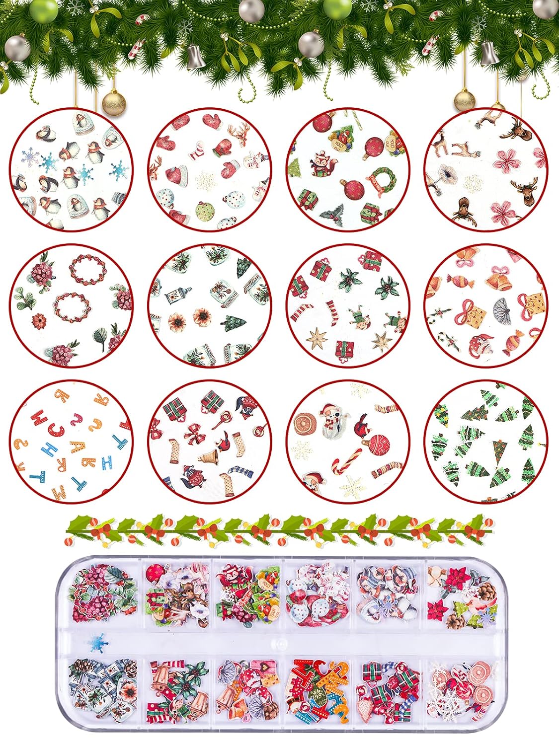 Kalolary 2 Boxes Christmas Nail Art Sequins Sticker, 3D Santa Claus Snowflake Elk Decals for Acrylic Nails, Christmas Tree Wood Pulp Glitter Flakes for Winter Nail Art Decorations-Velvo Beauty