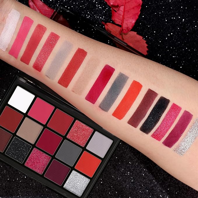 UCANBE Red Eyeshadow Makeup Palette, 15 Colors Burgunry Gray Silver Shimmer Matte Glitter Metallic Eye Shadow Pallet, Pigmented Make Up Kit for Halloween Parties Christmas Joker Vampire Clown-Velvo Beauty