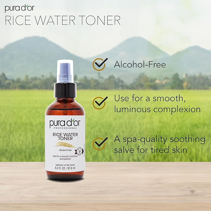 PURA D'OR 3.3 Oz Rice Water Facial Toner - Hydrating, Balancing & Soothing Formula with Natural Extracts - Skin Texture Support for Radiant Skin - Alcohol-Free - Travel Size-Velvo Beauty