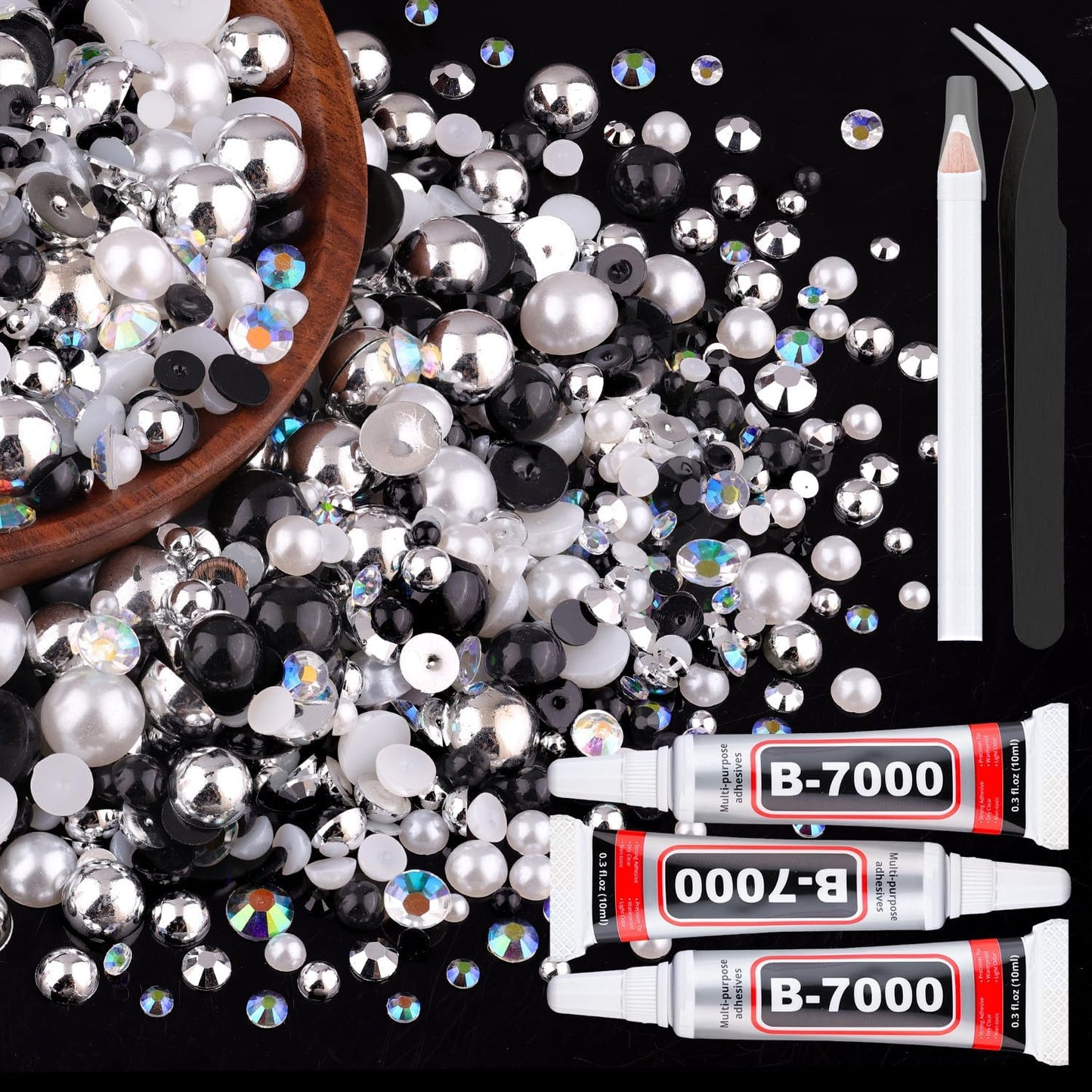 80g Flatback Pearls and Rhinestones for Crafting, Black White 3-10mm Resin Rhinestones and Half Pearls for Bedazzling, Nail Art and Dec with 3pcs 10ml B7000 Jewelry Glue, Tweezer and Pickup Pencil-Velvo Beauty