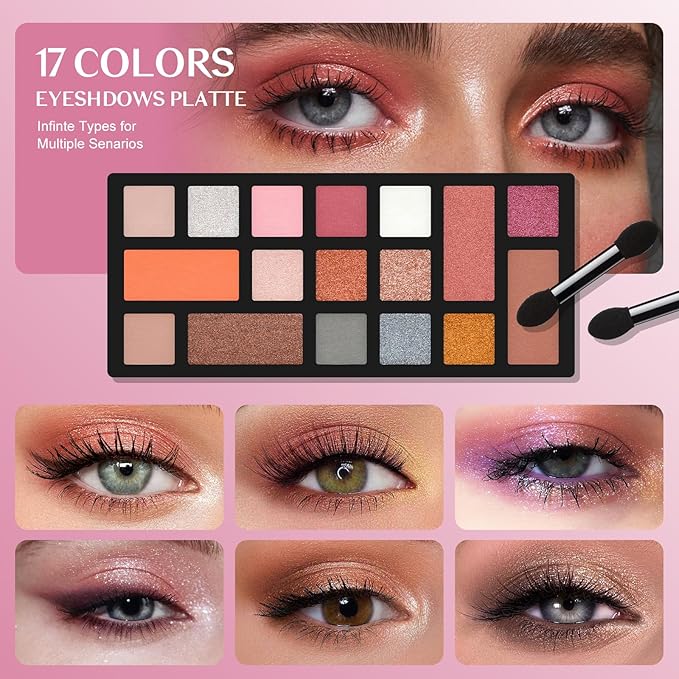Color Nymph Beginner Makeup Kit For Teens, Girls Makeup kits With Recyclable And Key-Lockable Cabinet Included 17-Colors Eyeshadows Blushes Bronzer Highlighter Lipstick Brushes Mirror(Pink)-Velvo Beauty