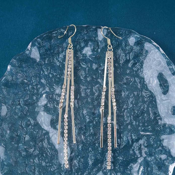 Vintage Crystal Tassel Earrings Rhinestone Bar Drop Earrings Long Rhinestone Chain Earrings Gold Cz Bar Hook Earrings Sparkle Tennis Chain Earrings Jewelry for Women-Velvo Beauty