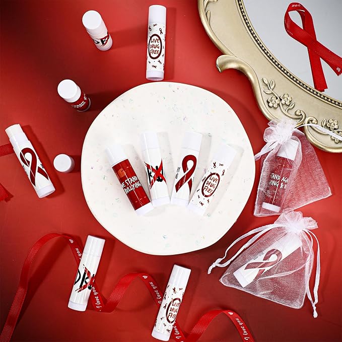 Fumete 50 Pcs Red Awareness Ribbon Lip Balm Bulks Red Ribbon Week Support Gift Red Ribbon Week Supplies Mental Health Awareness Items for Unisex Adults Volunteer Fundraising Charity Activity-Velvo Beauty