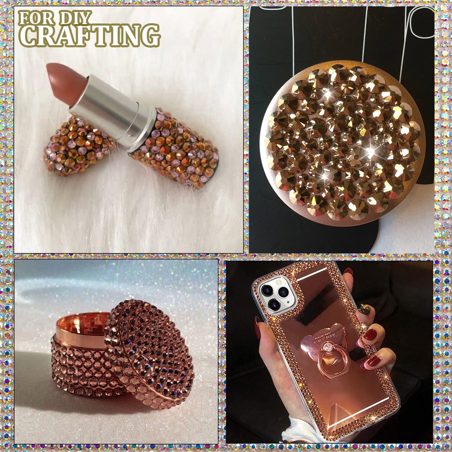 One Pack 2000 Pcs of Flatback Round Rose Gold Rhinestones 6 Sizes (1.5-6 mm) with Nail Art Rhinestone Picker Pencil and Tweezers for DIY and Salon Use-Velvo Beauty