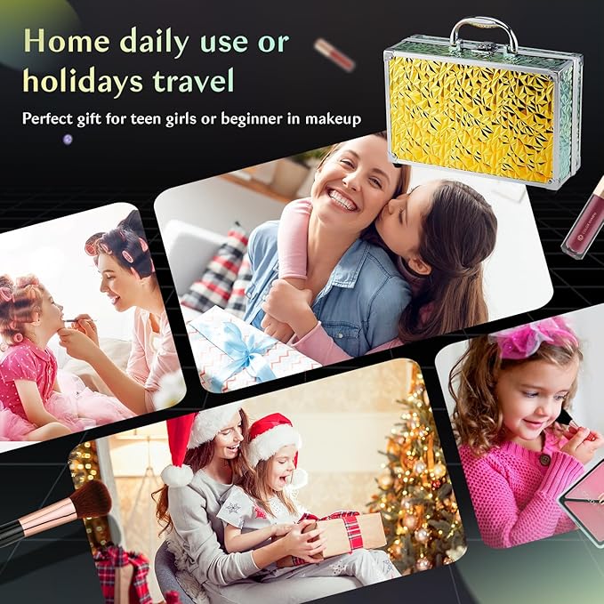 Color Nymph Beginner Makeup Kit for Teens, Train Case Girls Makeup Set with Eye Shadow, Lipstick, Blush, Brushes, Lipgloss, Mascara, Brow Wax and Mirror Green Full Starter Cosmetics Set-Velvo Beauty