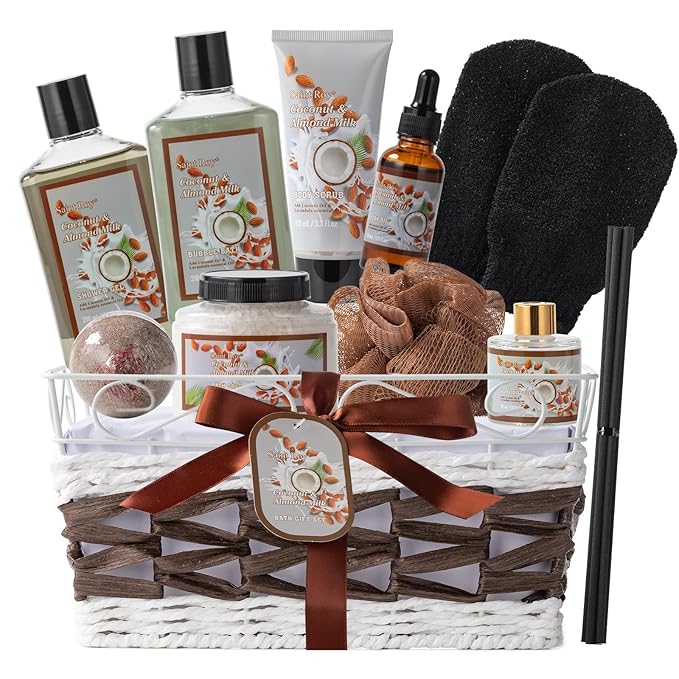 Fathers Day Gifts for Men for Dad Bath and Body Gift Basket For Women & Men Spa Gift Basket Coconut Almond 16 Pcs Bath Gift Set With Fragrant Lotion, Home Spa Luxurious Bath Body Oil, Diffuser & More-Velvo Beauty