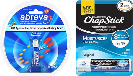Abreva 10 Percent Docosanol Cold Sore Treatment, Fever Blister and Cold Sore Cream - 0.07 oz plus ChapStick Moisturizer Original Lip Balm - 0.15 oz Value Pack-Velvo Beauty