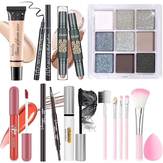 Makeup Set Kit for Women Girls Teens, Makeup Present Set, Includes 9 Color Eyeshadow, Counter Stick, Foundation, Eyebrow Pencil, Eyeliner, Mascara, Lip Gloss, 5Pcs Brushes, Sponge-Velvo Beauty