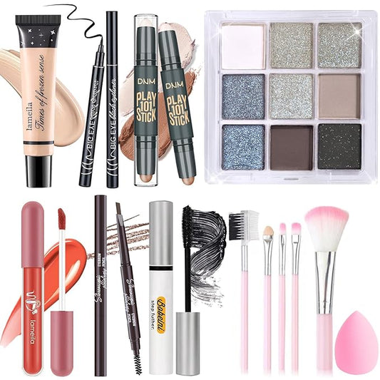 Makeup Set Kit for Women Girls Teens, Makeup Present Set, Includes 9 Color Eyeshadow, Counter Stick, Foundation, Eyebrow Pencil, Eyeliner, Mascara, Lip Gloss, 5Pcs Brushes, Sponge-Velvo Beauty