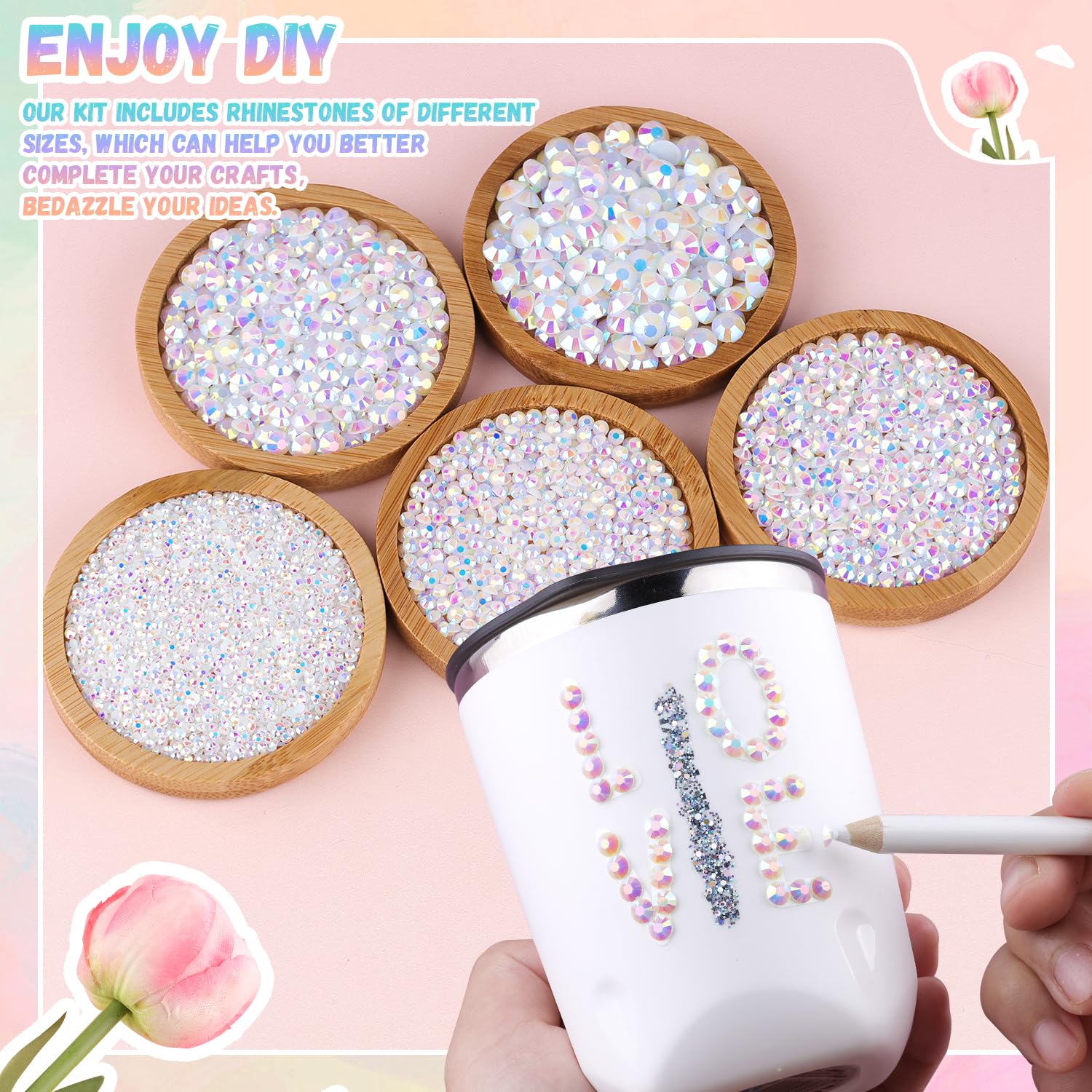 25000Pcs Resin Jelly Rhinestones with Tweezers for Crafting, 2-6mm Mixed Sizes (White AB) Non Hotfix Flatback Gems, Bedazzling Crystal for DIY Crafts Clothing Tumblers Mugs Shoes Decor Nail Art-Velvo Beauty