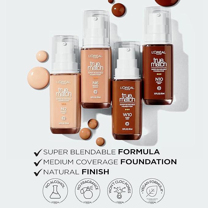 L'Oreal Paris True Match Super-Blendable Foundation, Medium Coverage Liquid Foundation Makeup, W7, Medium Deep, 1 Fl Oz-Velvo Beauty
