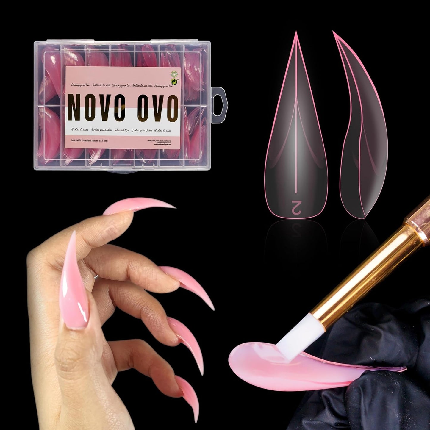 Halloween Curved Stiletto 3D PINK Nail Dual Forms for Poly Gel Extension of Eagle Claw, XL XXL Hawk Curve Sculptural Acrylic Nails, Reusable Molds Nail Art Design 280 Pcs 14 sizes-Velvo Beauty