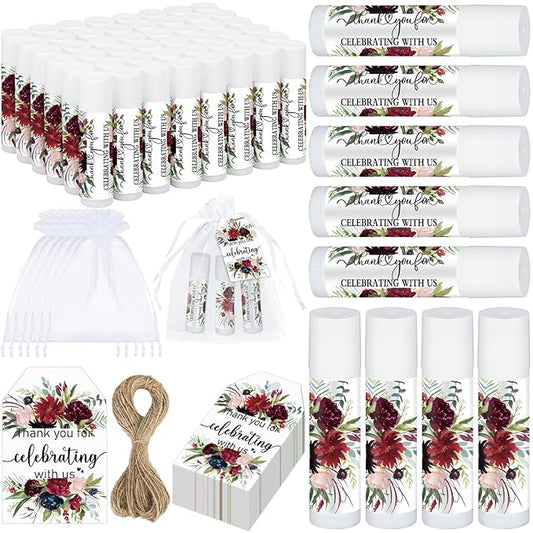 Dunzy 50 Pack Bridal Shower Favors Gifts Bulk Burgundy Floral Lip Balms Party Supplies Wedding Party Favors Bachelorette Prizes Souvenirs Thank You Appreciation Gifts for Guests Women Coworker Staff-Velvo Beauty