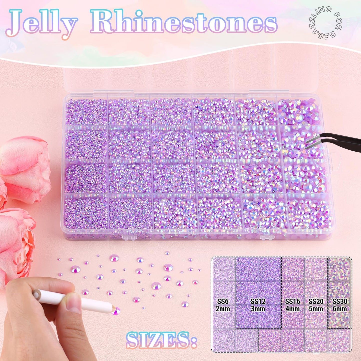 25000Pcs Resin Jelly Rhinestones with Tweezers for Crafting, 2-6mm Mixed Sizes (Lavender Purple AB) Non Hotfix Flatback Gems, Bedazzling Crystal for DIY Crafts Clothing Tumblers Shoes Decor Nail Art-Velvo Beauty