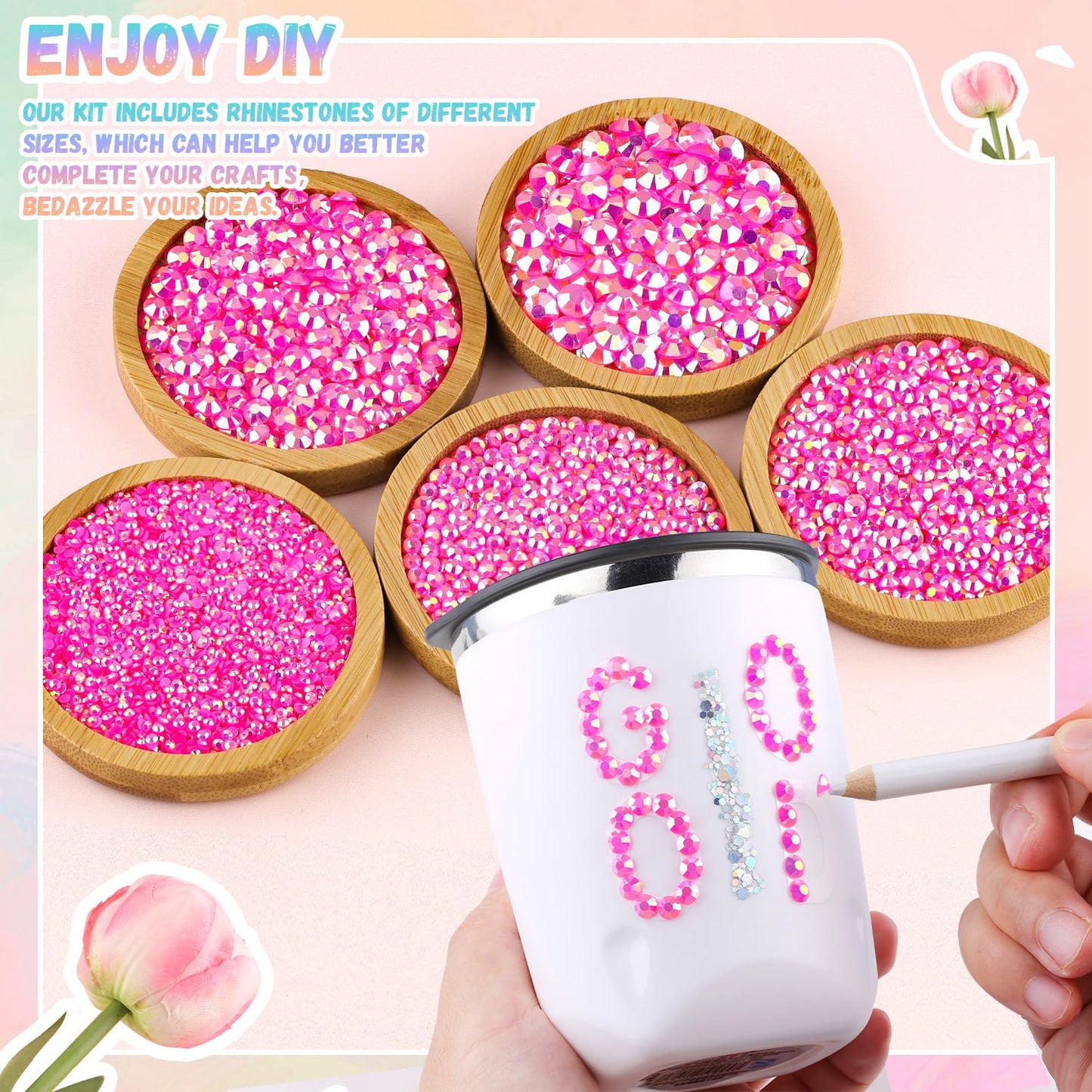 30000Pcs Resin Hot Pink AB Rhinestones for Bedazzling Crafting with b7000 Jewelry Glue, Bulk Flatback Gems Bedazzler Kit for Crafts Clothes Shoes Fabric Nail Diamond Art, Assorted Size 2/3/4/5/6mm-Velvo Beauty