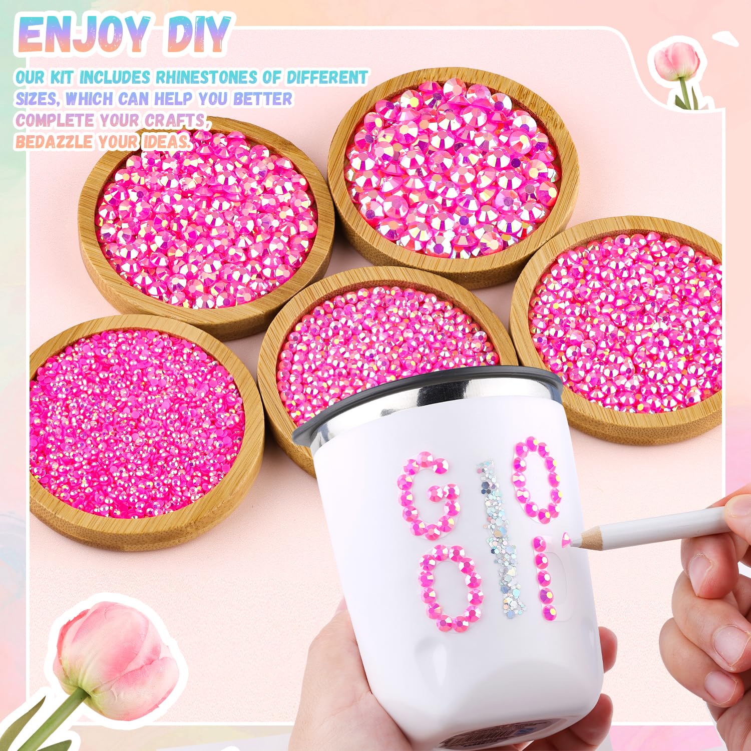 30000Pcs Resin Hot Pink AB Rhinestones for Bedazzling Crafting with b7000 Jewelry Glue, Bulk Flatback Gems Bedazzler Kit for Crafts Clothes Shoes Fabric Nail Diamond Art, Assorted Size 2/3/4/5/6mm-Velvo Beauty