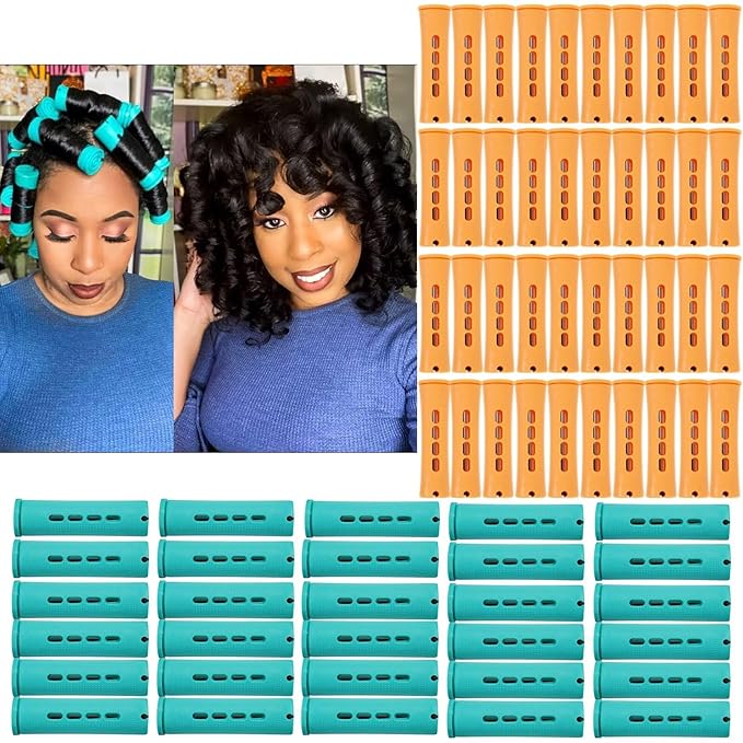 70pcs Perm Rods Set for Women's Natural Hair - Orange and Green Cold Wave Hair Rollers for Curling Long or Short Hair, DIY Hairdressing Tools-Velvo Beauty