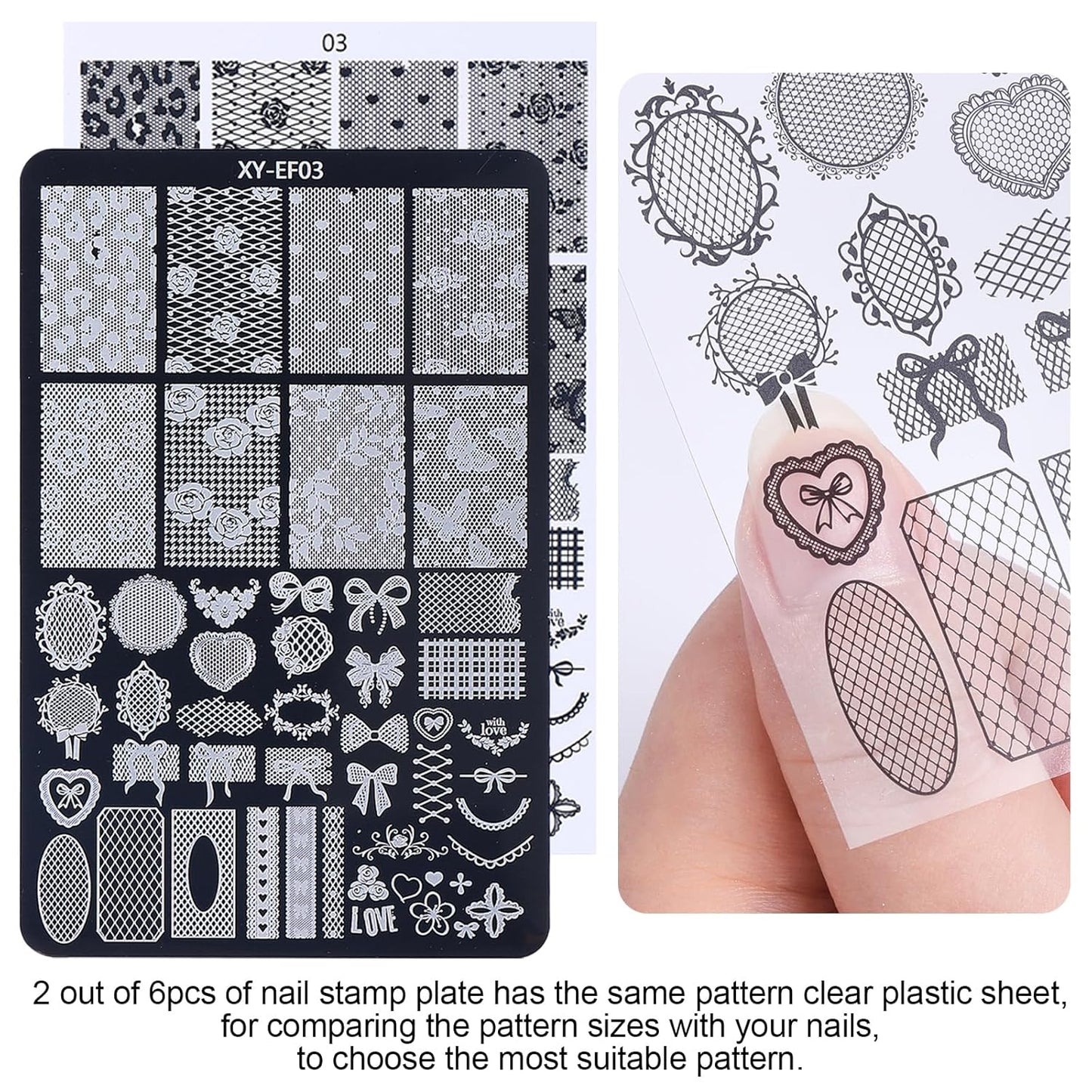 6pcs Lace Flower Design Nail Stamping Plate Kit With French Tip Nail Stamper Kit Ribbon Bow Knot Nail Stencil Reusable Stainless Steel Manicure Tool Nail Supplies for Salon DIY-Velvo Beauty