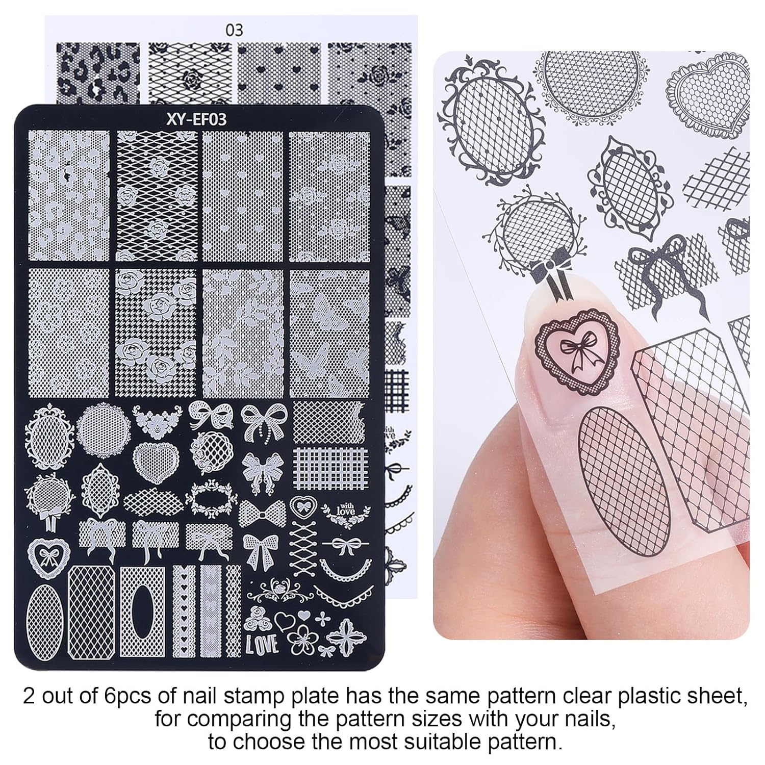 6pcs Lace Flower Design Nail Stamping Plate Kit With French Tip Nail Stamper Kit Ribbon Bow Knot Nail Stencil Reusable Stainless Steel Manicure Tool Nail Supplies for Salon DIY-Velvo Beauty