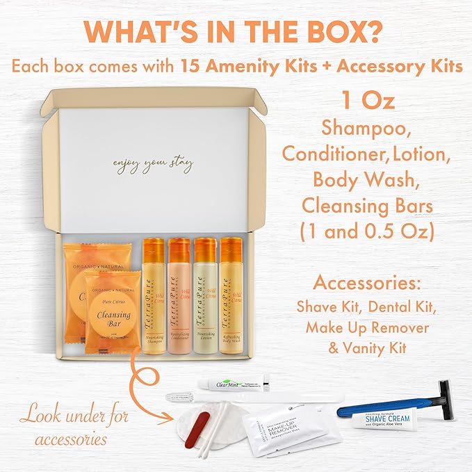 Terra Pure Amenity & Accessory Kit |1 oz Travel Size Shampoo, Conditioner, Lotion, Body Wash, 2 Cleansing Bars, Shave & Dental Sets, Make-Up Remover Wipes, & Vanity Kit | 15 sets per case-Velvo Beauty