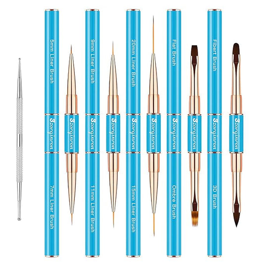 Nail Art Bushes Set, Professional 5Pcs Double-Ended Nail Brush Kit for Details, Long Lines, Ombre & 3D Design-Perfect for DIY Manicures & Salons (Blue)-Velvo Beauty