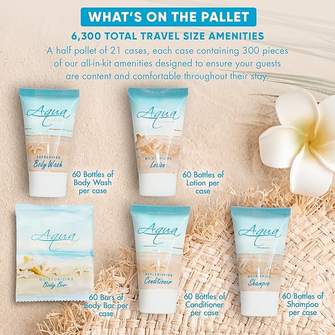 Aqua Organics Hotel Soaps and Toiletries Bulk Set | 1oz Hotel Shampoo & Conditioner, Body Wash, Body Lotion & 1oz Bar Soap Travel Size | Half Pallet 21 cases with 300 units each - 6,300 pieces-Velvo Beauty