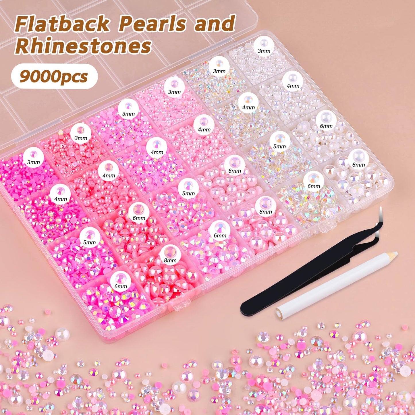 9000PCS Flatback Pearls and Rhinestones for Bedazzling, Pink White Mixed Size 3-8mm Resin Rhinestones and Half Pearls for Crafting, Nail Art and Grad Cap Decoration with Tweezers and Pickup Pencil-Velvo Beauty