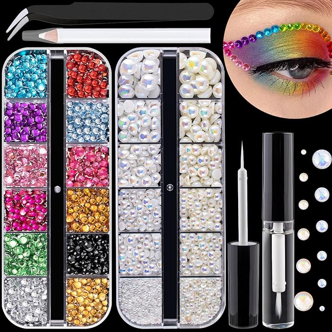 Flat Back Rhinestone+Half Round Pearl Kits Colorful Rhinestones+White AB&Beige AB Pearls With Quick Dry Makeup Glue+Picker Pencil+Tweezer For Nail Art And Face Make-up-Velvo Beauty