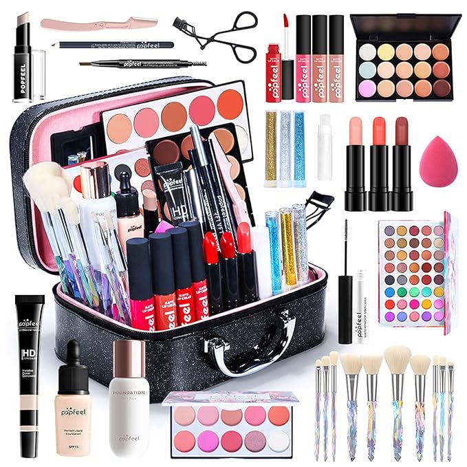 All in One Makeup Bundle with Makeup and Reusable Waterproof Case, Ultimate Color Combination Eye Shadow Palette, Photo Finish Foundation, Lipstick Set, Multi-Use Concealer etc, Makeup Gift Set-Velvo Beauty
