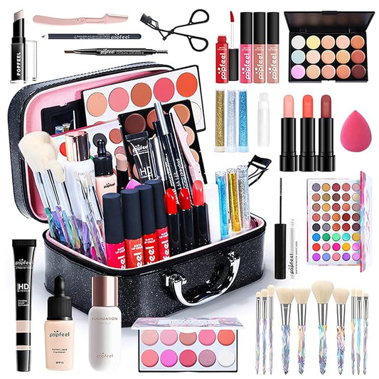 All in One Makeup Bundle with Makeup and Reusable Waterproof Case, Ultimate Color Combination Eye Shadow Palette, Photo Finish Foundation, Lipstick Set, Multi-Use Concealer etc, Makeup Gift Set-Velvo Beauty