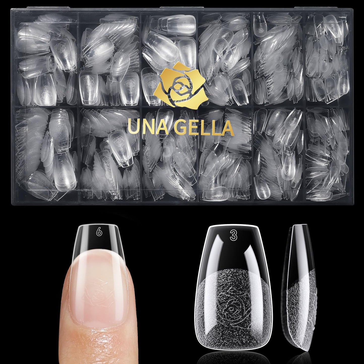 UNA GELLA Short Coffin Nail Tips, 600Pcs Short Coffin Gel Nails Tips Pre Etched 12 Sizes Soft Gel Fake Nails Tips Pre-file Full Cover for Nail Extension Home DIY Salon with Box-Velvo Beauty