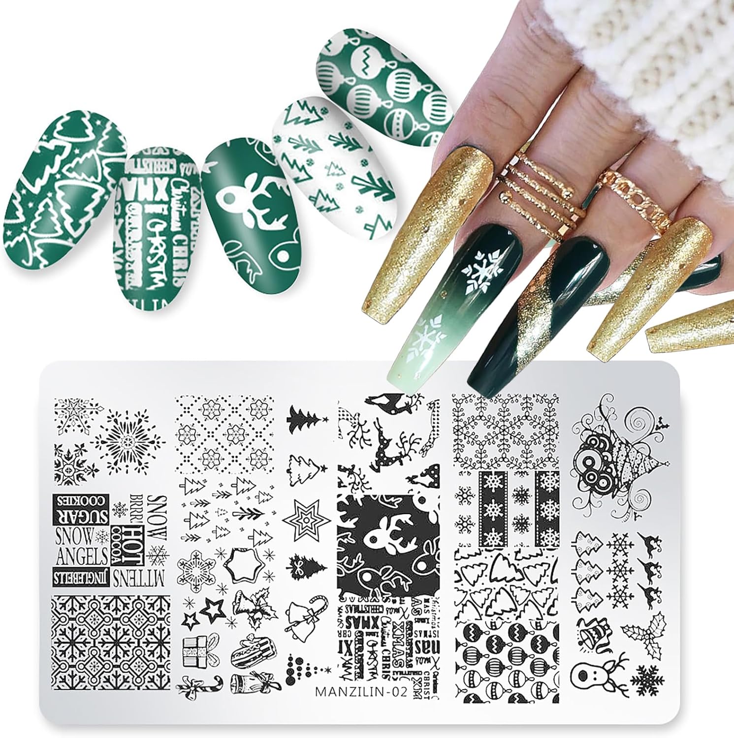 Christmas Nail Stamping Plates - Winter Stamp Kit with Snowflake, Santa Claus, Christmas Tree, Elk & Candy Bells Designs - DIY Stainless Steel Nail Image Polish Template Kit (8Pcs)-Velvo Beauty