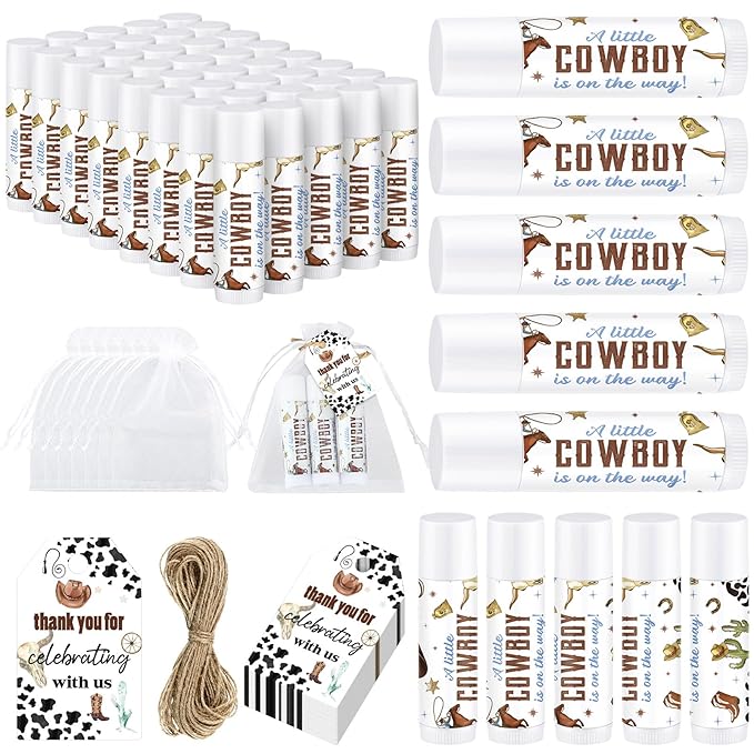Demissle 50 Pcs Baby Shower Lip Balm Gift Set with 100 Pcs Organza Bags Baby Shower Party Favor for Guest Thank You Tag Rope Baby Shower Party Decoration Gender Reveal Souvenirs (Cowboy)-Velvo Beauty