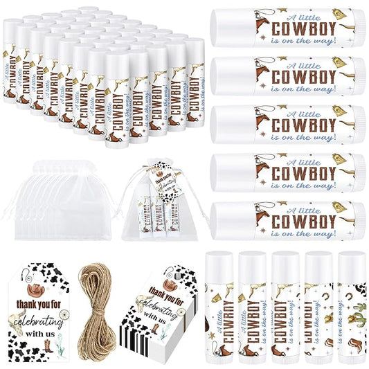 Demissle 50 Pcs Baby Shower Lip Balm Gift Set with 100 Pcs Organza Bags Baby Shower Party Favor for Guest Thank You Tag Rope Baby Shower Party Decoration Gender Reveal Souvenirs (Cowboy)-Velvo Beauty