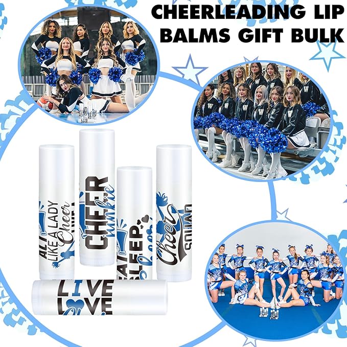 50 Sets Cheer Gifts Bulk 50 Cheer Lip Balm Bulk Moisturizing with 50 Organza Drawstring Gift Bags 50 Tags Cheerleader Gifts Cheer Gifts Bulk for Team (Blue)-Velvo Beauty
