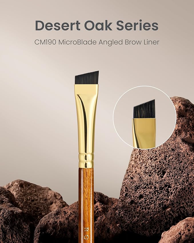 Desert Oak Series MicroBlade Angled Brow Brush - 11mm Ultra-Fine Nylon Bristles for 1mm Hair Strokes, Pomade/Gel/Powder Application, Bubinga & Brass (CM 190)-Velvo Beauty