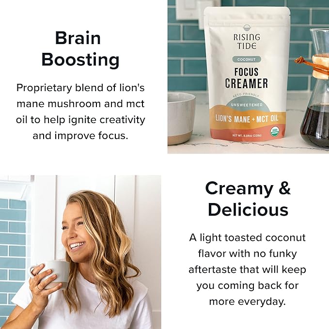 Rising Tide Organic Mushroom Superfood Creamer – Coconut Milk Powder, Lions Mane Mushrooms, MCT Oil - Non Dairy Cream Alternative for Coffee - Plant Based and Keto Friendly (38 Servings)-Velvo Beauty