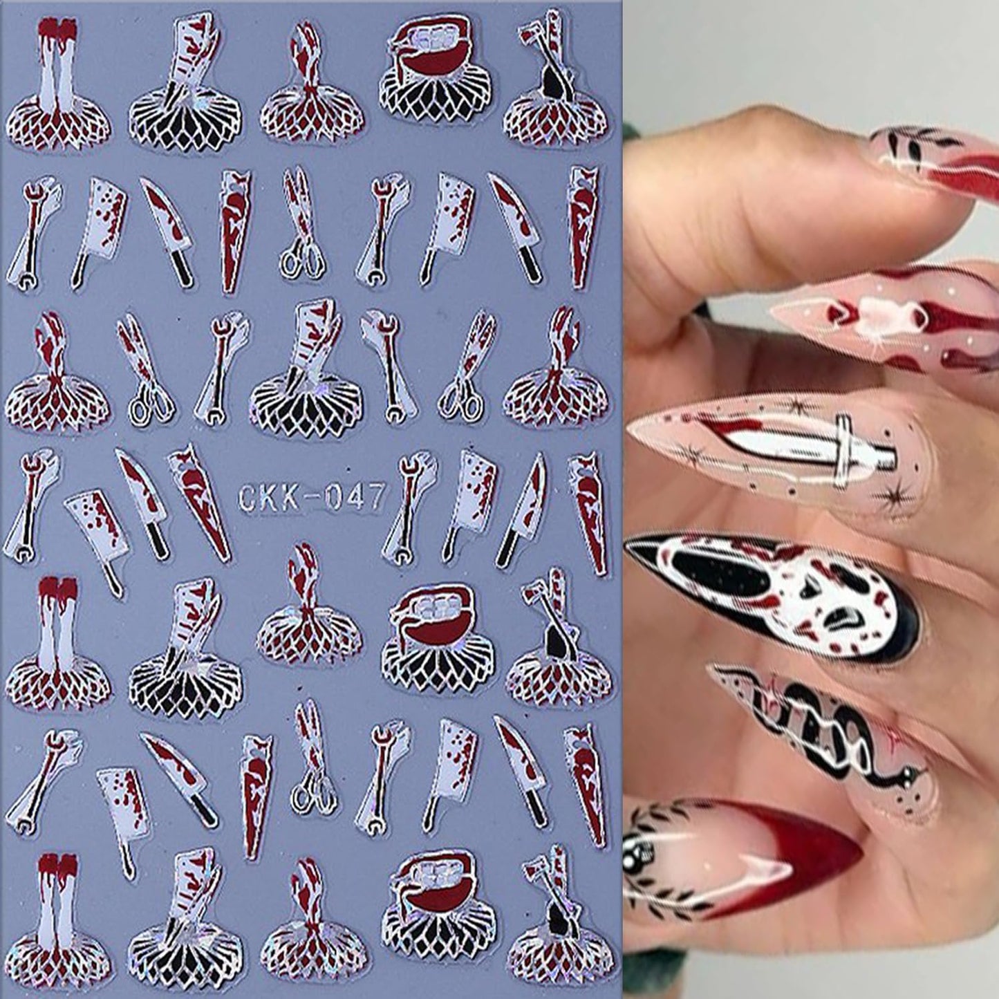 6 Sheets Halloween Nail Art Stickers 3D Self -Adhesive Bloods Hand Skeleton Nail Decals Holographic Blood Knives Nail Stickers Halloween Nail Decoration for Women Manicure Supplies-Velvo Beauty