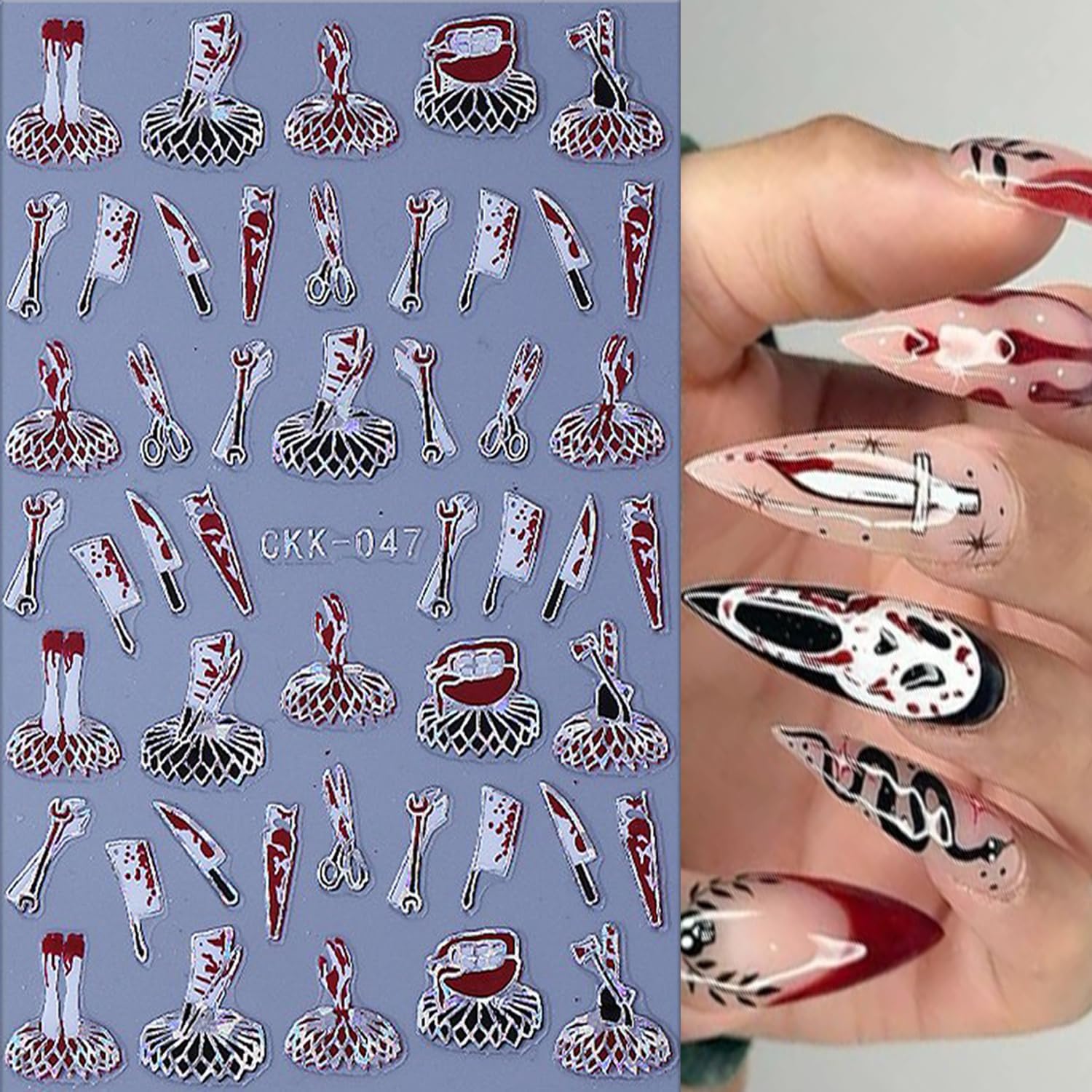 6 Sheets Halloween Nail Art Stickers 3D Self -Adhesive Bloods Hand Skeleton Nail Decals Holographic Blood Knives Nail Stickers Halloween Nail Decoration for Women Manicure Supplies-Velvo Beauty